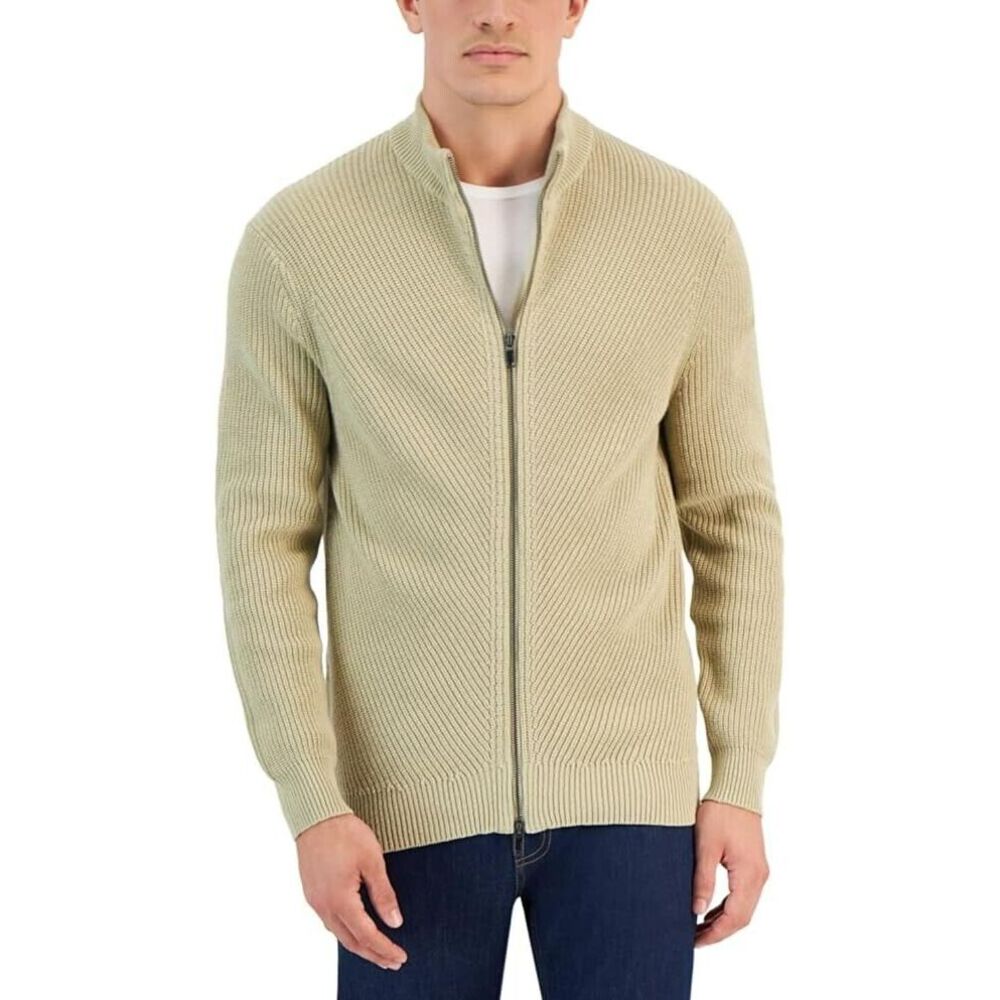 Alfani Mens Heavy Rib Full Zip Front Sweater Jacket in Tan Size XL‎
